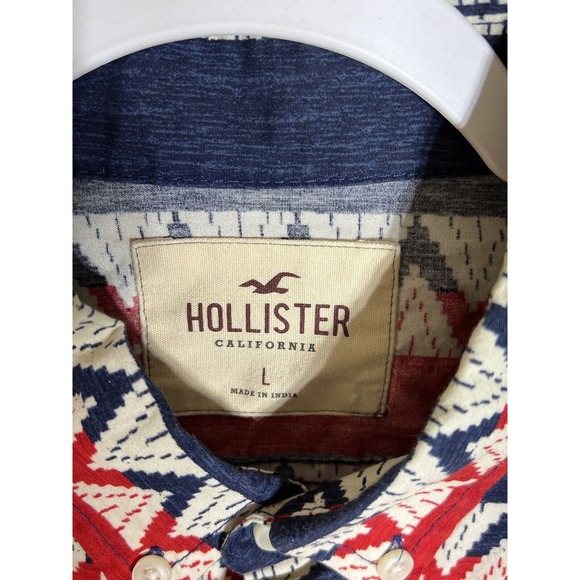 Hollister Southwestern Striped Button Down Shirt Mens Size Large Red Blue Pocket - Picture 3 of 8